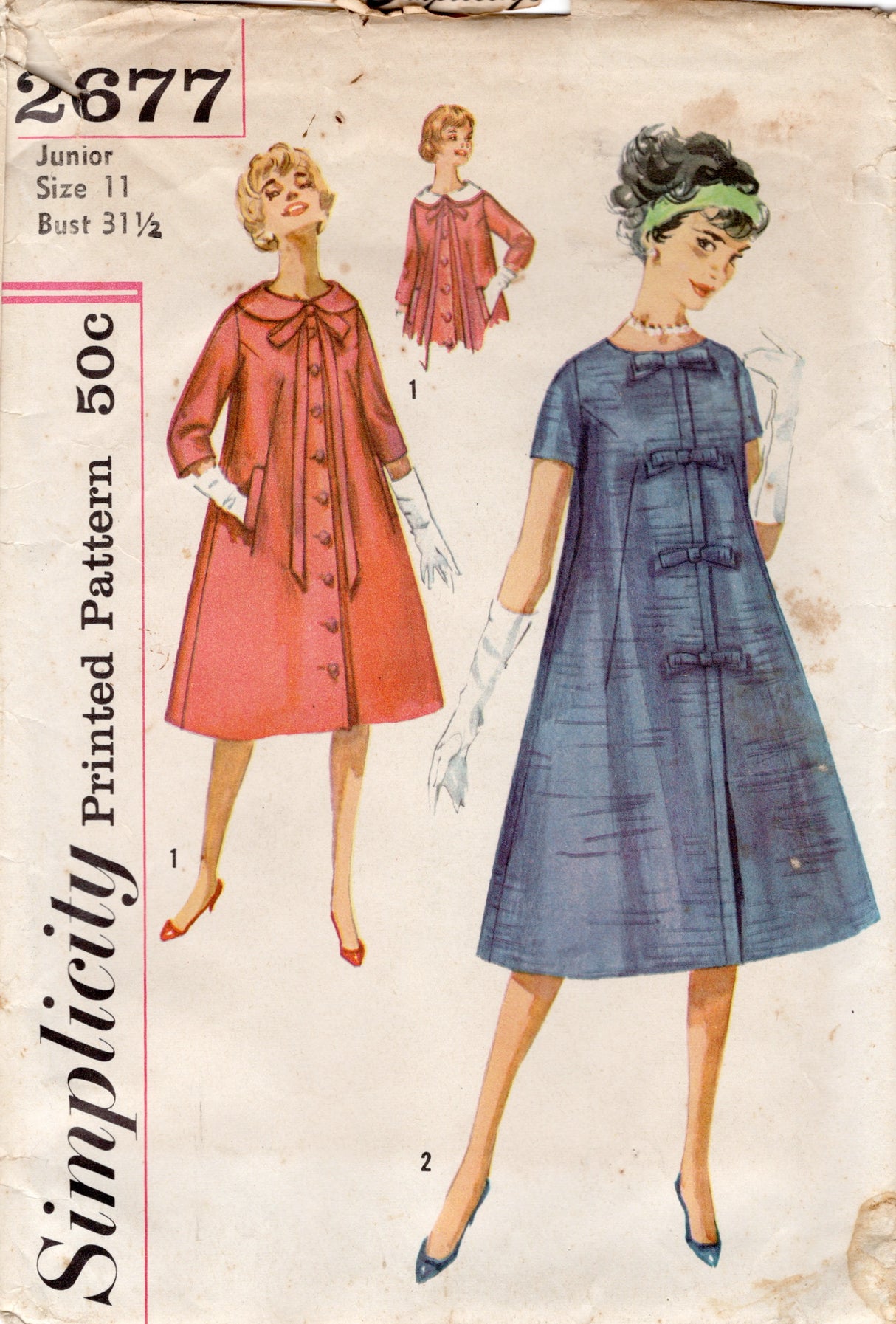 1950's Simplicity Trapeze Style One Piece Dress Pattern Bow Detail - Bust 31.5" - No. 2677