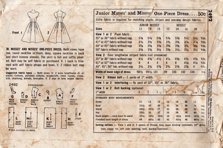 1950's Simplicity Boat Neckline Fit and Flare Dress Pattern with Low Square Back - Bust 32" - No. 2492