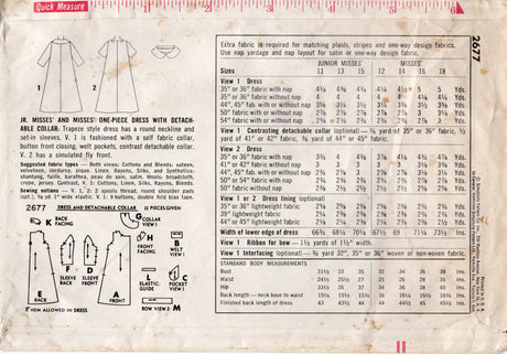 1950's Simplicity Trapeze Style One Piece Dress Pattern Bow Detail - Bust 31.5" - No. 2677
