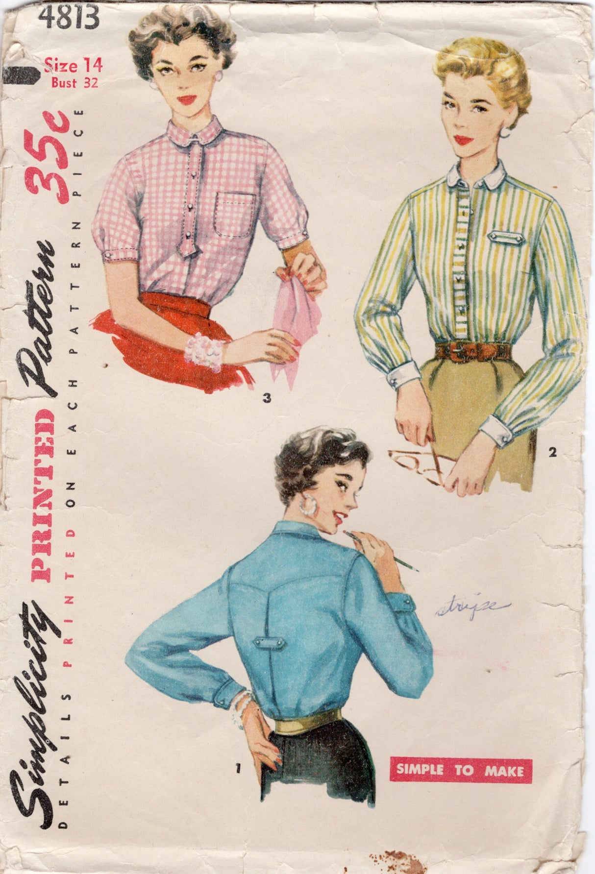 1950's Simplicity "Easy to Make" Button Up Blouse with Western Accents - Bust 32" - No. 4813