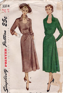 1950’s Simplicity One Piece Scoop Neckline Dress Pattern with Side Drape and Collar - Bust 40" - No. 3314