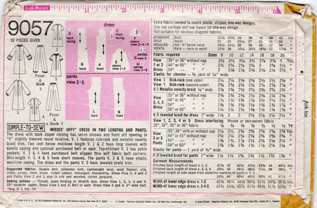 1970's Simplicity Jiffy Dress and Pants pattern - Bust 36" - No. 9057