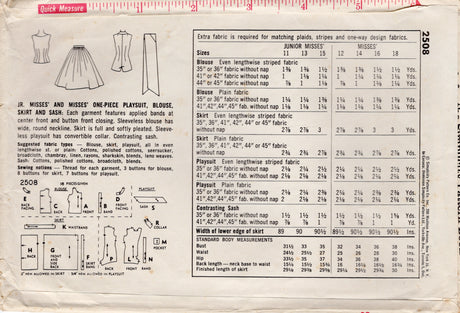 1950's Simplicity Playsuit, Blouse, Sash and Skirt pattern - Bust 32" - No. 2508