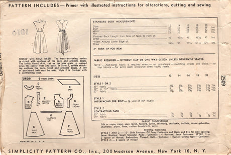 1940's Simplicity A-line Dress with scallop neckline Pattern - Bust 32" - No. 2509