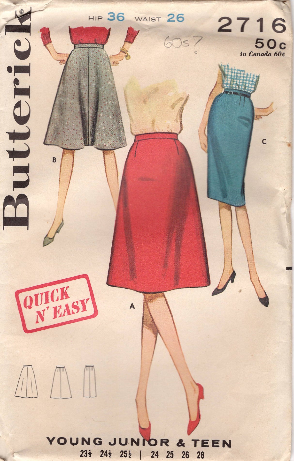 1960's Butterick A-Line Skirt or Sheath Skirt Pattern - Waist 26" - No. 2716