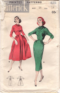 1950's Butterick Fit and Flare or Sheath Dress Pattern with Draped Yoke - Bust 34" - No. 8311