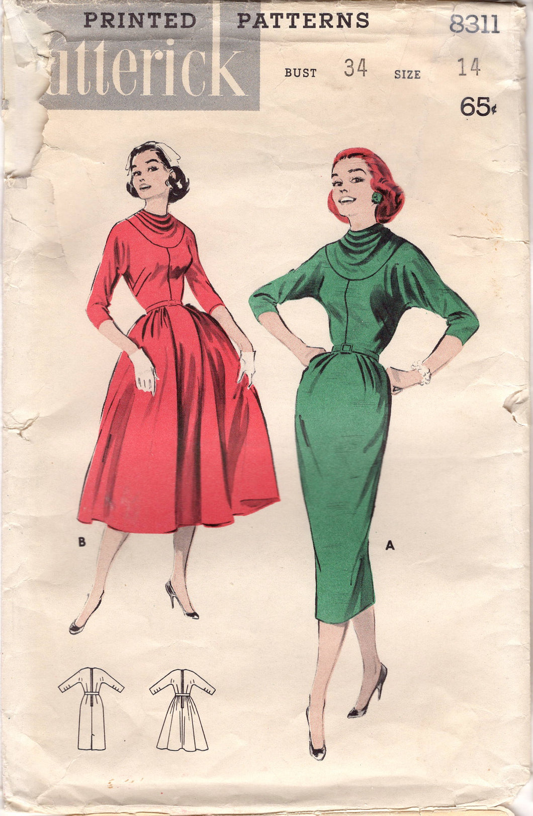 1950's Butterick Fit and Flare or Sheath Dress Pattern with Draped Yoke - Bust 34