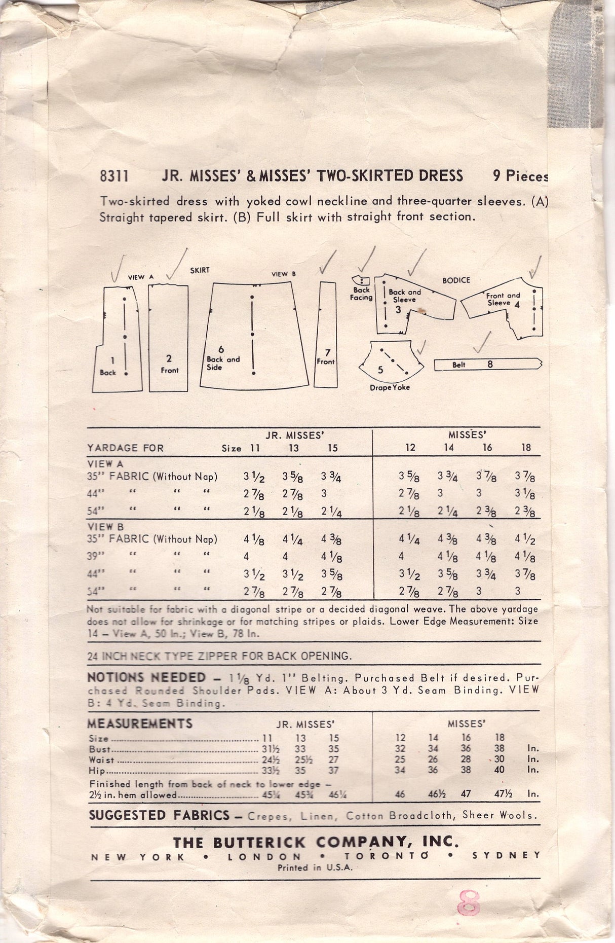 1950's Butterick Fit and Flare or Sheath Dress Pattern with Draped Yoke - Bust 34" - No. 8311