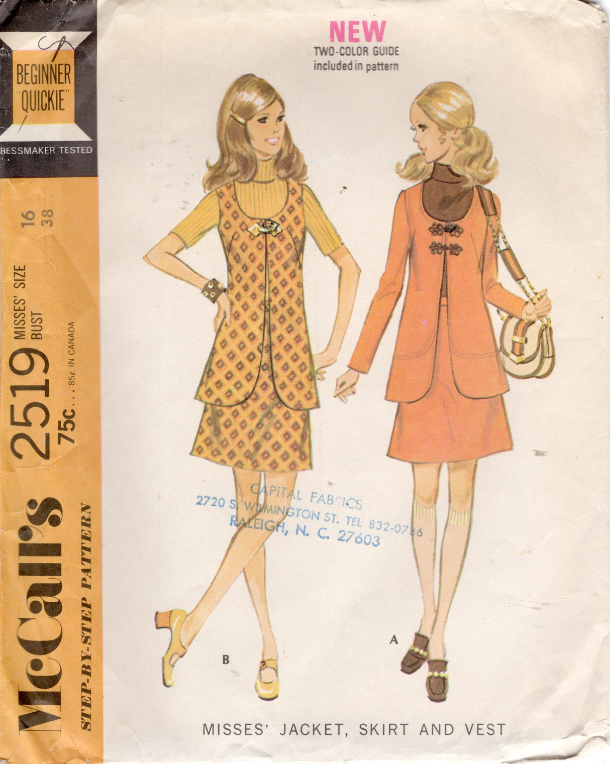 1970's McCall's Extra Long Jacket, Vest and Skirt pattern - Bust 38" - No. 2519