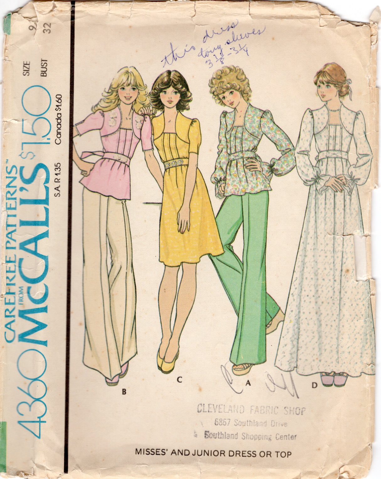 1970's McCall's Maxi, Midi or Tunic Yoked Dress with Tucked Front - Bust 32" - No. 4360