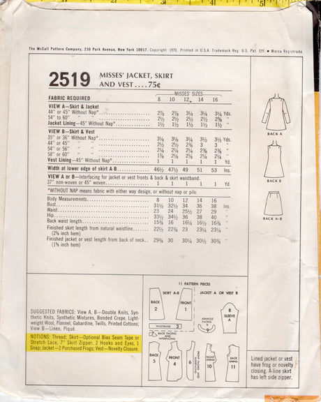 1970's McCall's Extra Long Jacket, Vest and Skirt pattern - Bust 38" - No. 2519