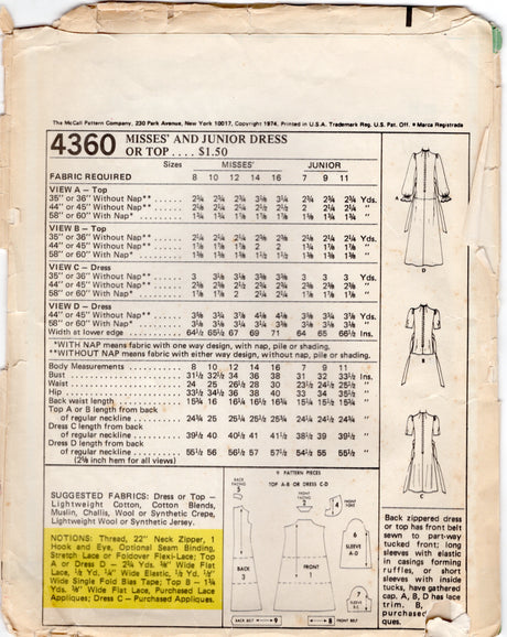 1970's McCall's Maxi, Midi or Tunic Yoked Dress with Tucked Front - Bust 32" - No. 4360