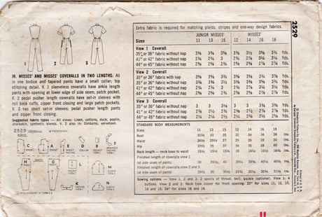 1950's Simplicity Coverall Jumpsuit Pattern – Bust 31.5” - No. 2529