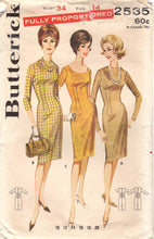 1960's Butterick One Piece Sheath Dress with Scoop or High Neckline and Long or Short Sleeve Options- Bust 34" - No. 2535