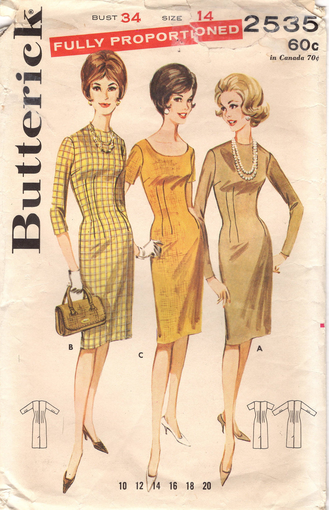 1960's Butterick One Piece Sheath Dress with Scoop or High Neckline and Long or Short Sleeve Options- Bust 34