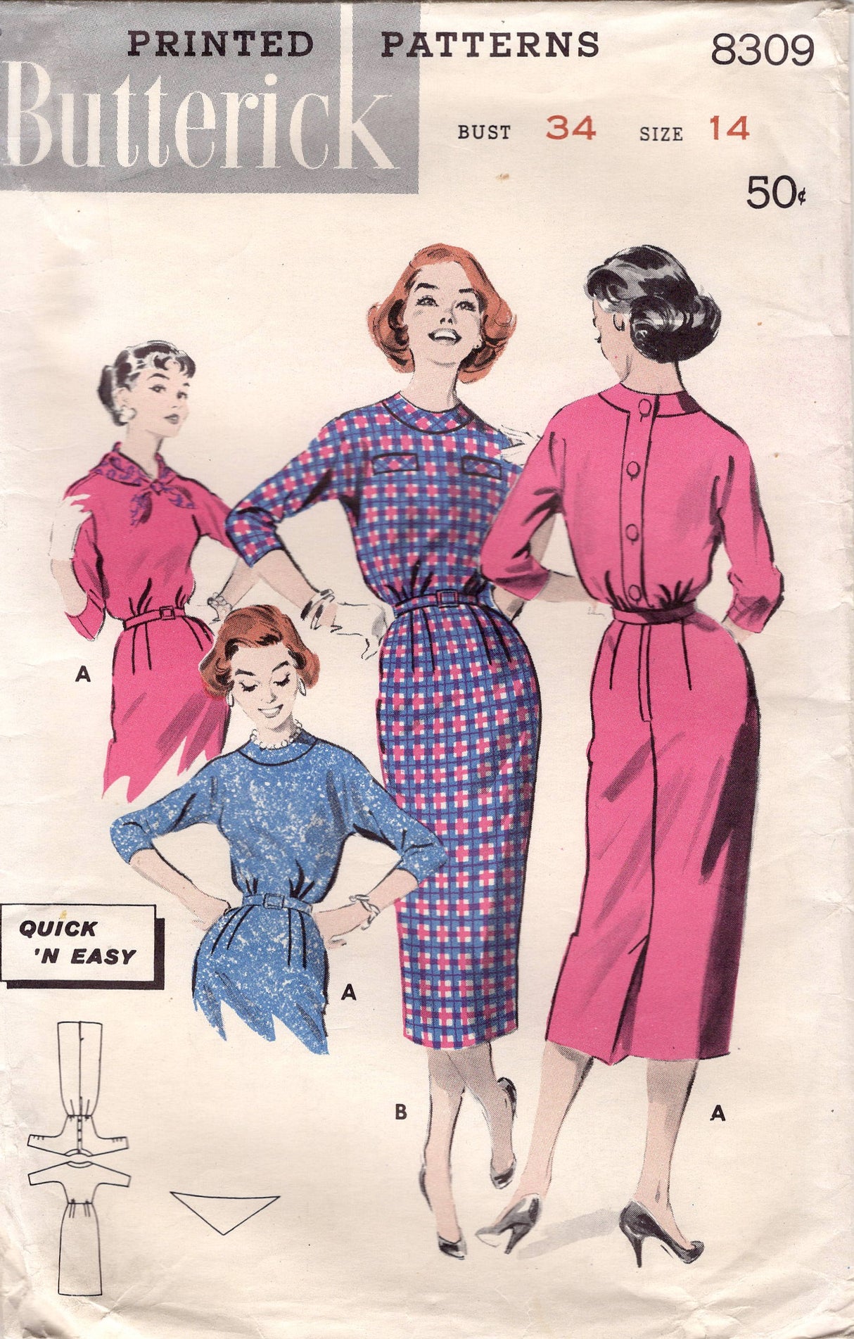 1950's Butterick One Piece Sheath Dress Pattern with Button Back and Scarf - Bust 34" - No. 8755