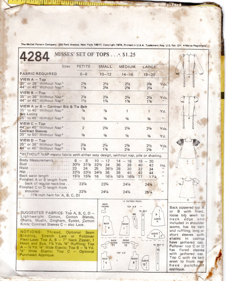 1970's McCall's Baby Doll Top in Four Styles - Bust 32.5-34" - No. 4284