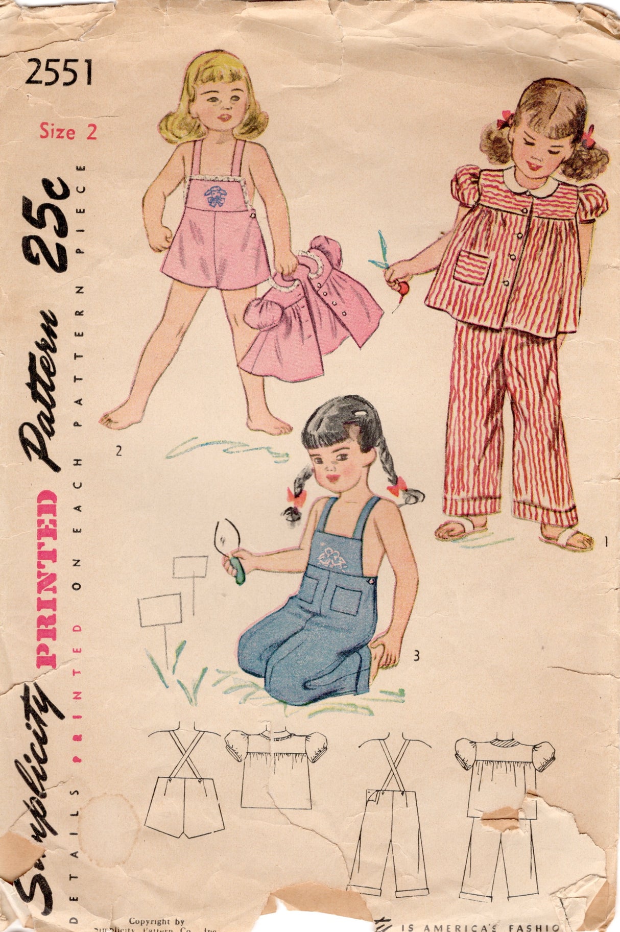 1940's Simplicity Child's Playsuit and Smock Pattern - Size 2 - Chest 21" - No. 2551