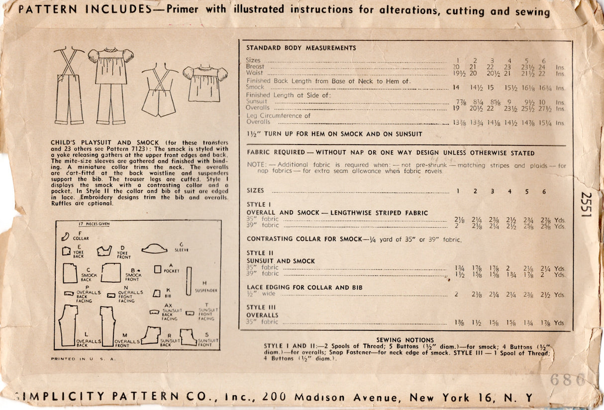 1940's Simplicity Child's Playsuit and Smock Pattern - Size 2 - Chest 21" - No. 2551