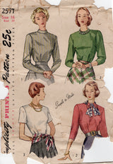 1940's Simplicity Blouse Pattern with or without Tab Accents - Bust 34" - No. 2577
