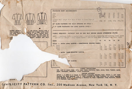 1940's Simplicity Blouse Pattern with or without Tab Accents - Bust 34" - No. 2577