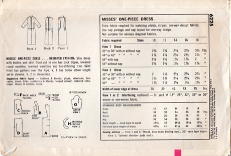 1960's Simplicity One Piece Dress Pattern with Panel Front - Bust 31-34" - No. 6225