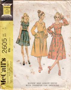 1970's McCall's Smocked Dress Pattern in Three Styles  - Bust 32" - No. 2605
