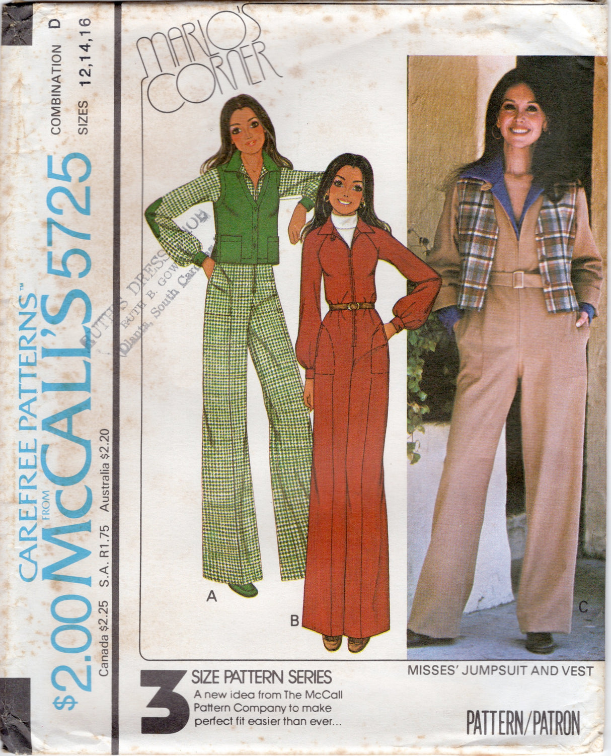 1970's McCall's Zip Front Jumpsuit with Hip Accents and Vest Pattern - Bust 30.5-38" - No. 5725