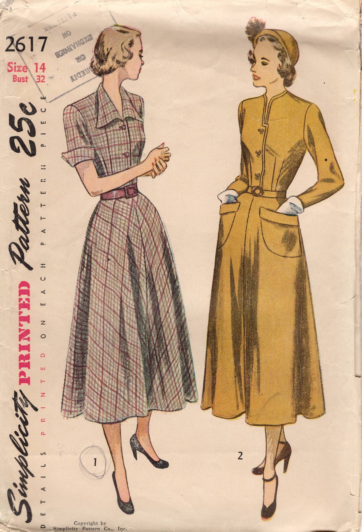 1940's Simplicity One Piece Dress with or without Collar and Two Sleeve lengths - Bust 32" - No. 2617