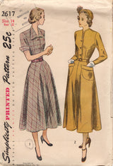 1940's Simplicity One Piece Dress with or without Collar and Two Sleeve lengths - Bust 32" - No. 2617