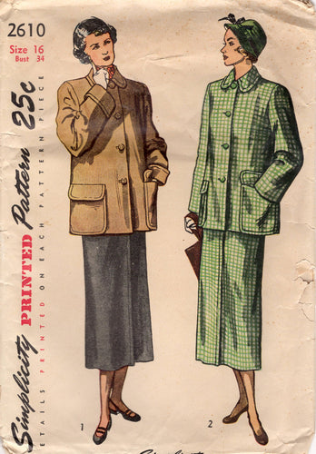 1940's Simplicity Lined Jacket with Large Peter Pan Collar and Patch Pockets - Bust 34