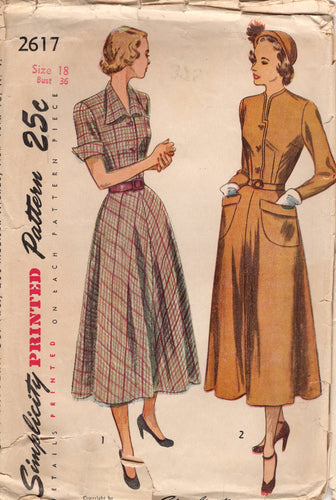 1940's Simplicity One Piece Dress with or without Collar and Two Sleeve lengths - Bust 36