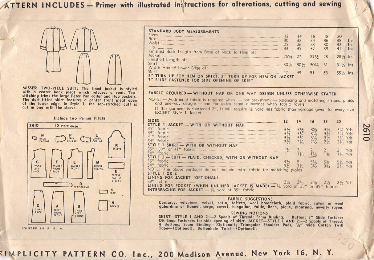 1940's Simplicity Lined Jacket with Large Peter Pan Collar and Patch Pockets - Bust 34" - No. 2610