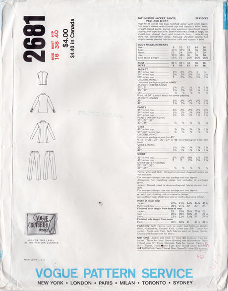 1970's Vogue Couturier Design Suit Pattern by Galitzine - Bust 38" - No. 2681