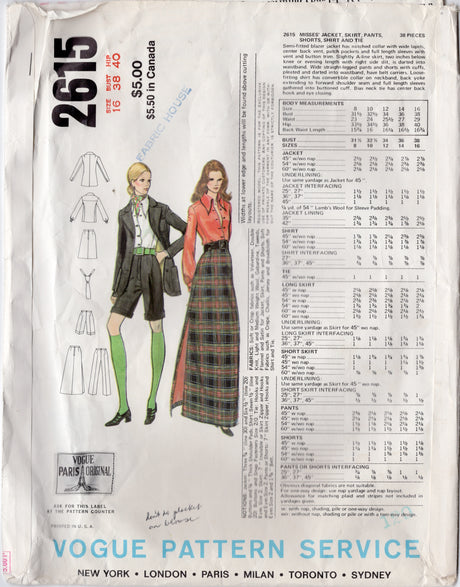 1970's Vogue Paris Original Suit Pattern with Pants or Skirt and Tie by Christian Dior - Bust 38" - No. 2615