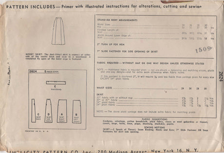 1940's Simplicity Straight Line Skirt - Waist 26" - No. 2624