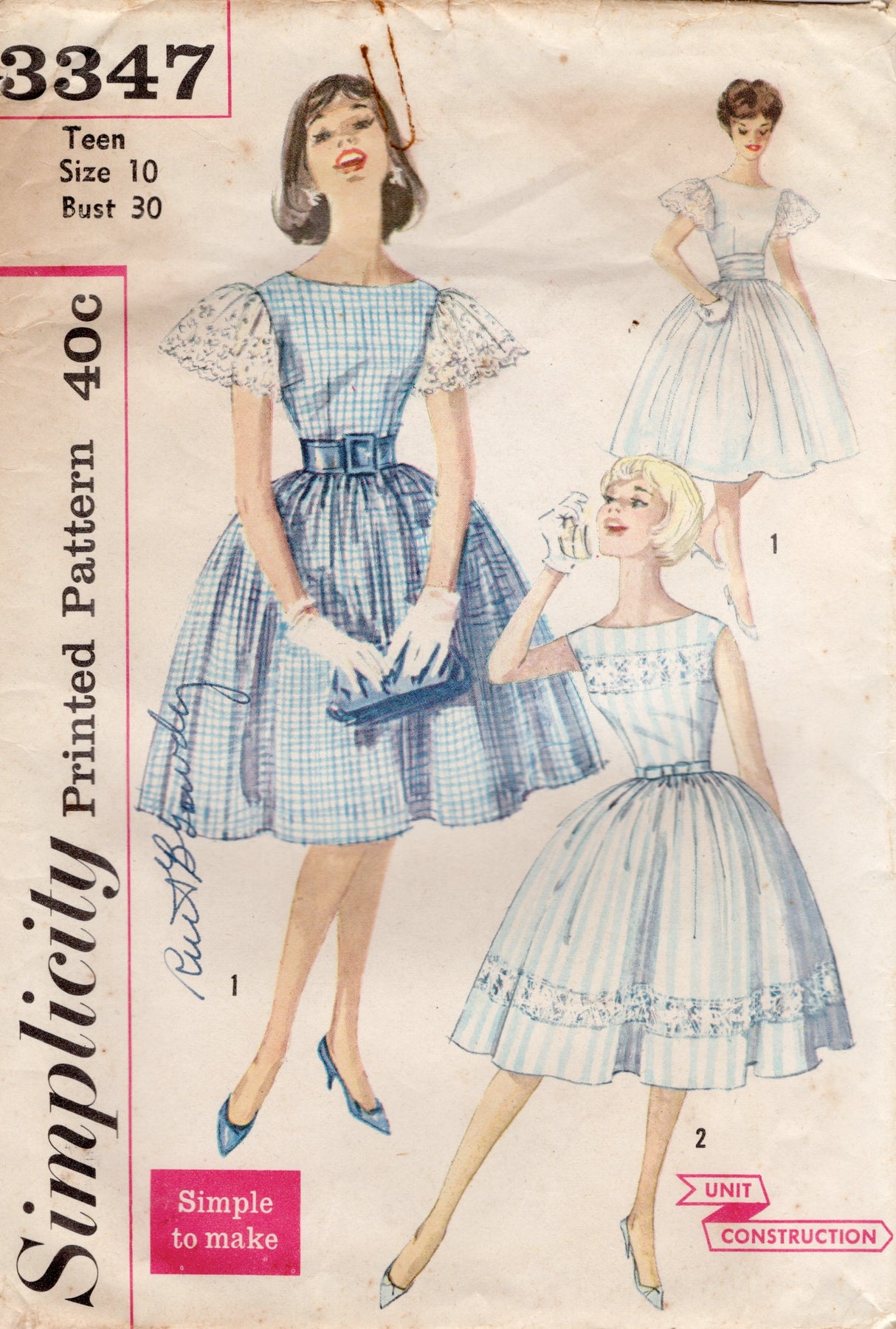 1960's Simplicity Boat Neckline Fit and Flare Dress pattern - Bust 30" - No. 3347