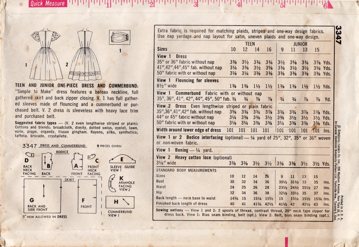 1960's Simplicity Boat Neckline Fit and Flare Dress pattern - Bust 30" - No. 3347