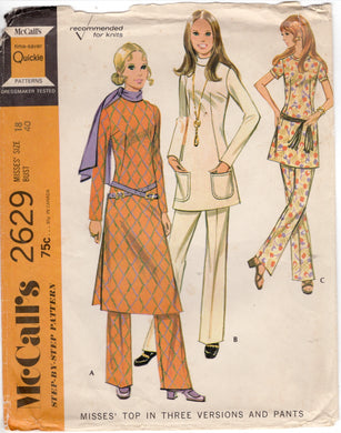 1970's McCall's Tunic or Top Pattern in 3 lengths and High Waisted Pants Pattern - Bust 40