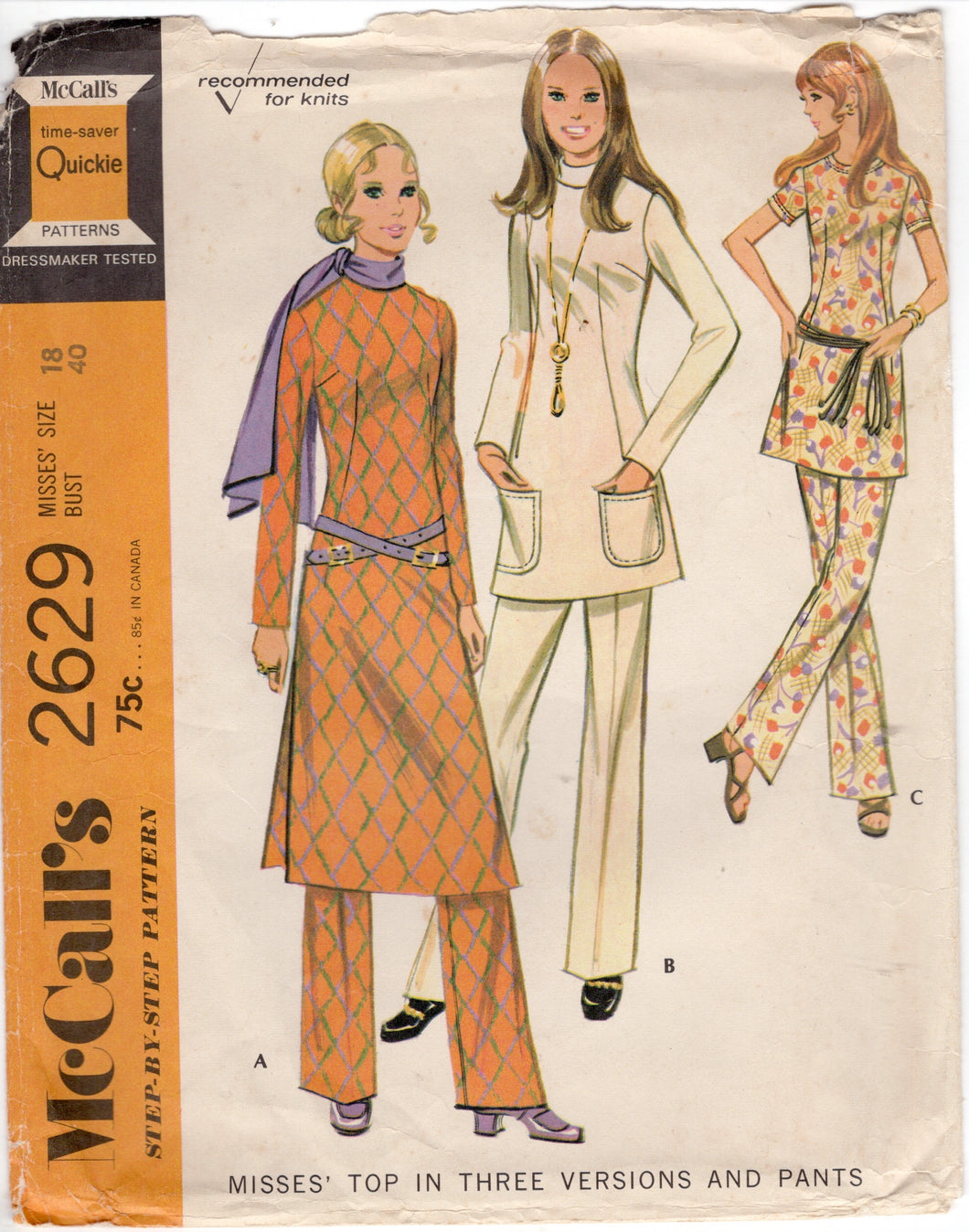 1970's McCall's Tunic or Top Pattern in 3 lengths and High Waisted Pants Pattern - Bust 40