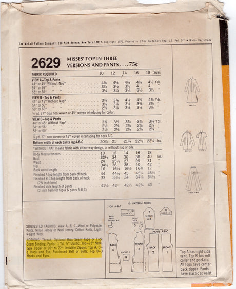 1970's McCall's Tunic or Top Pattern in 3 lengths and High Waisted Pants Pattern - Bust 40" - No. 2629