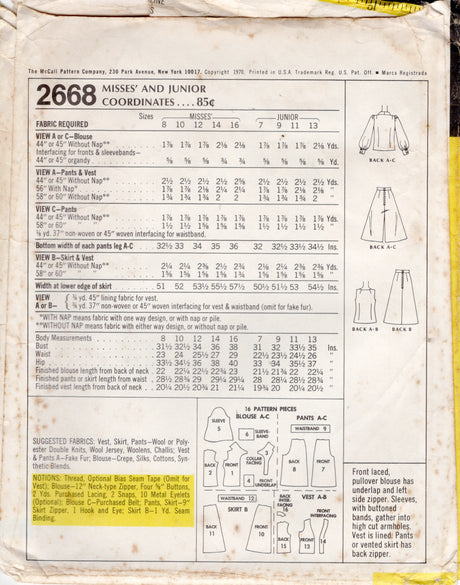 1970's McCall's Lace Up Blouse, Vest, Gaucho Pants and A Line Skirt Pattern - Bust 32" - No. 2668