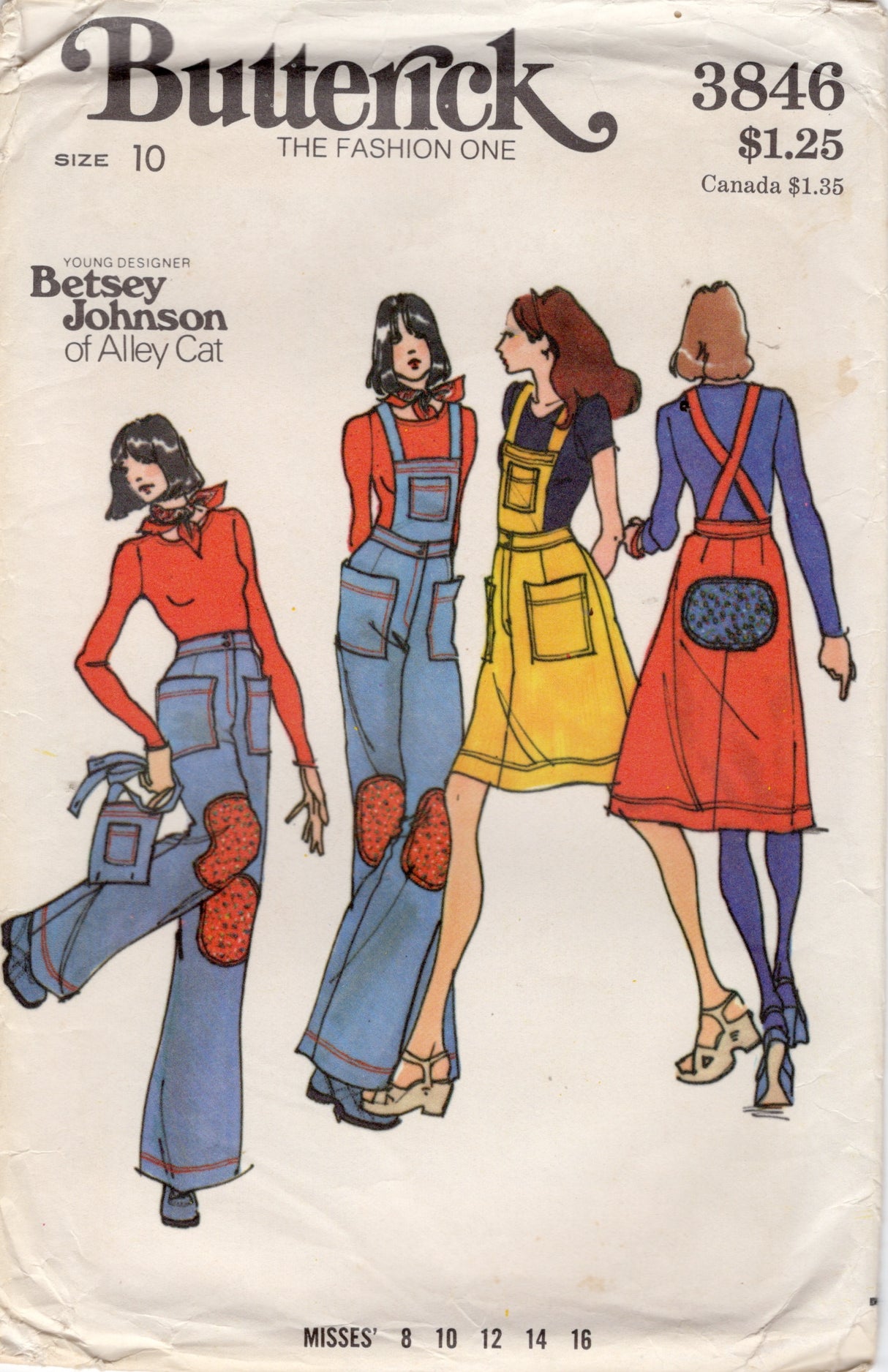 1970's Butterick Betsey Johnson A-Line Skirt, Straight Leg Pants, and Detachable Bib Pattern - Bust 32.5" - No. 3846