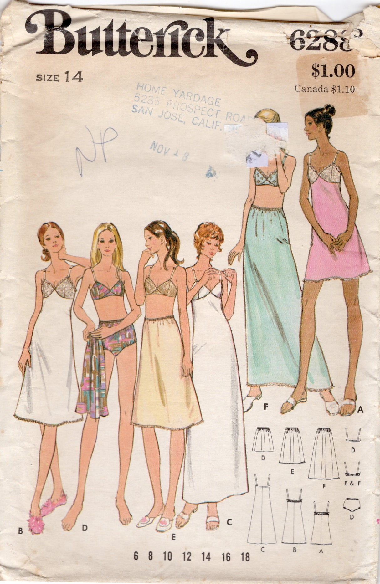 1970's Butterick Full or Half Slip, Bra, and Panties Pattern - Bust 36" - No. 6288