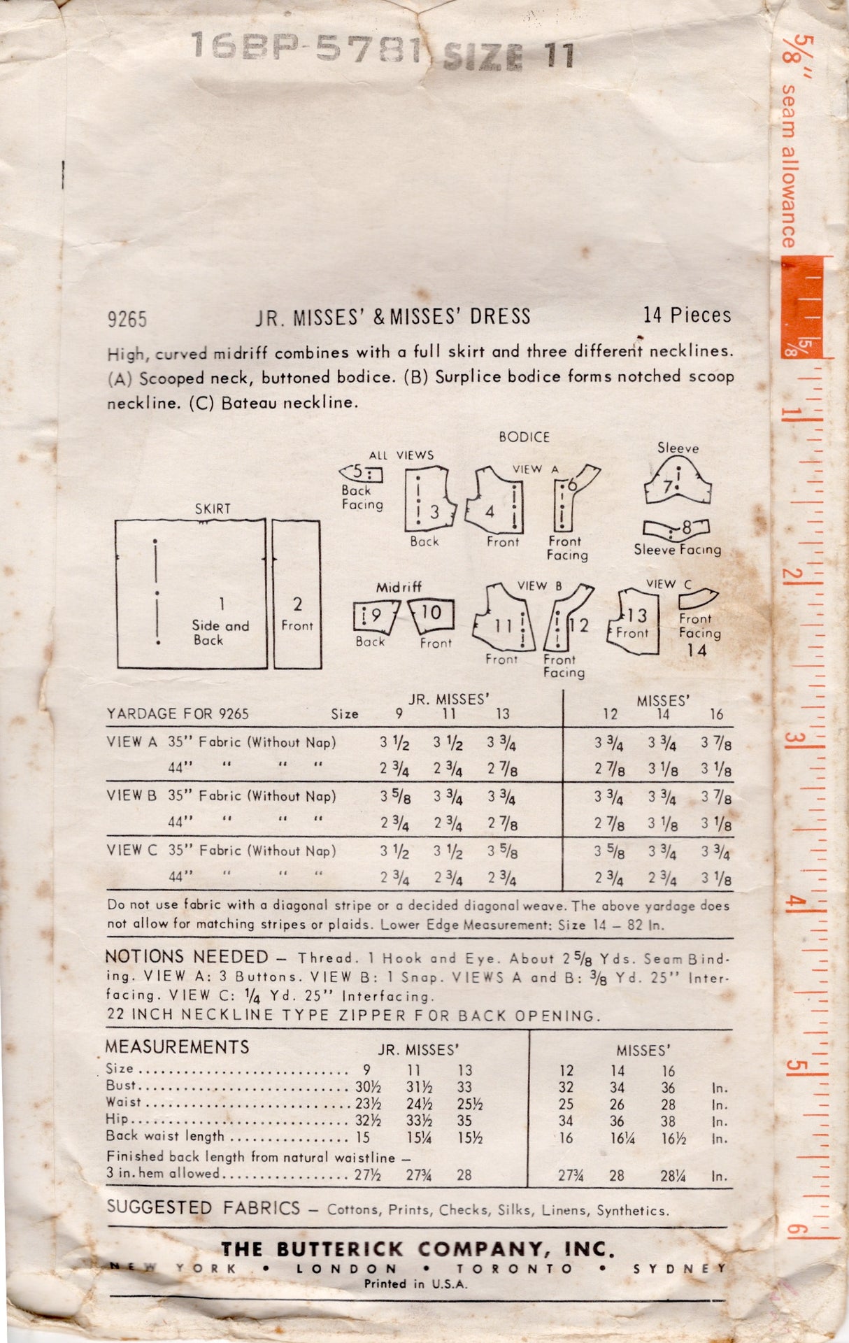 1960's Butterick Fit & Flare Dress w/ Fitted Waist, 3 Different Style of Neckline Pattern - Bust 31.5" - No. 9265