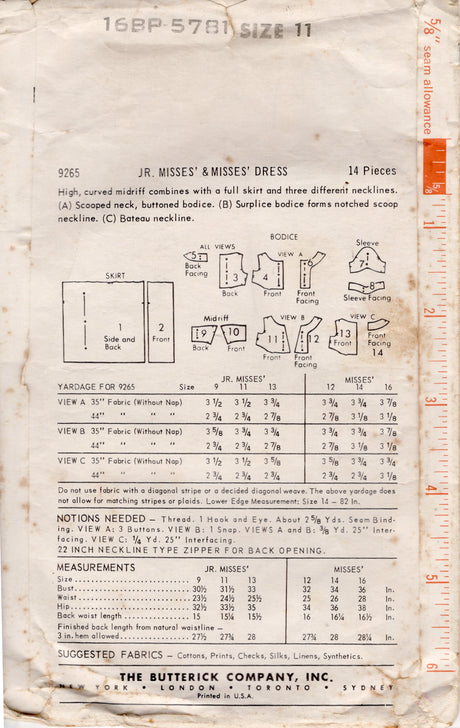 1960's Butterick Fit & Flare Dress w/ Fitted Waist, 3 Different Style of Neckline Pattern - Bust 31.5" - No. 9265