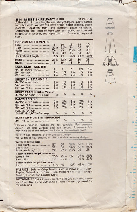 1970's Butterick Betsey Johnson A-Line Skirt, Straight Leg Pants, and Detachable Bib Pattern - Bust 32.5" - No. 3846