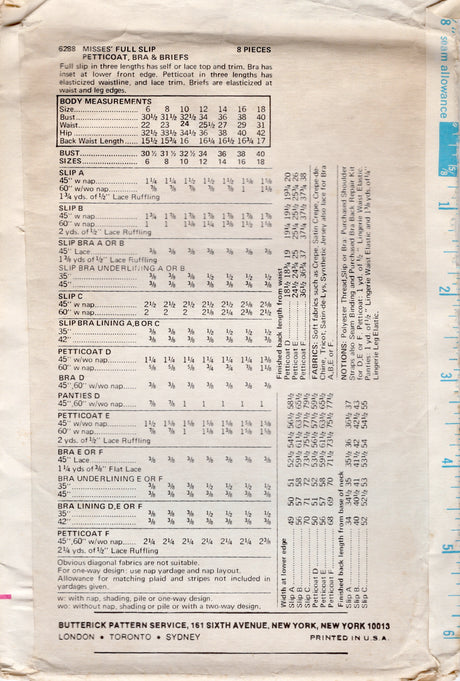 1970's Butterick Full or Half Slip, Bra, and Panties Pattern - Bust 36" - No. 6288