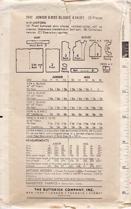 1960's Butterick 4-H Uniform Blouse and Skirt Pattern - Bust 38" - No. 2642