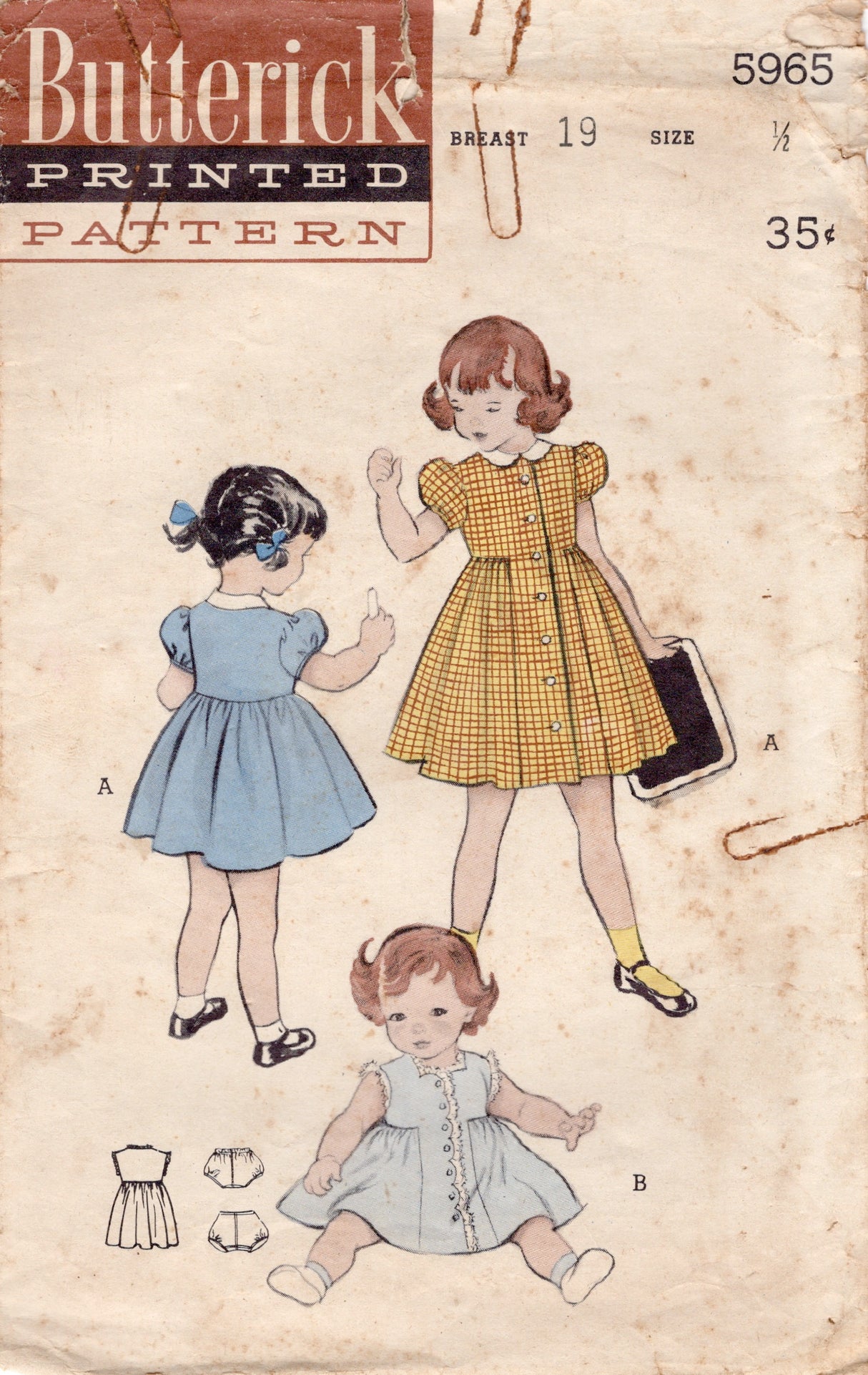 1950's Butterick Child's Front Buttoned Dress and Bloomers Pattern  - Chest 19" - No. 5965